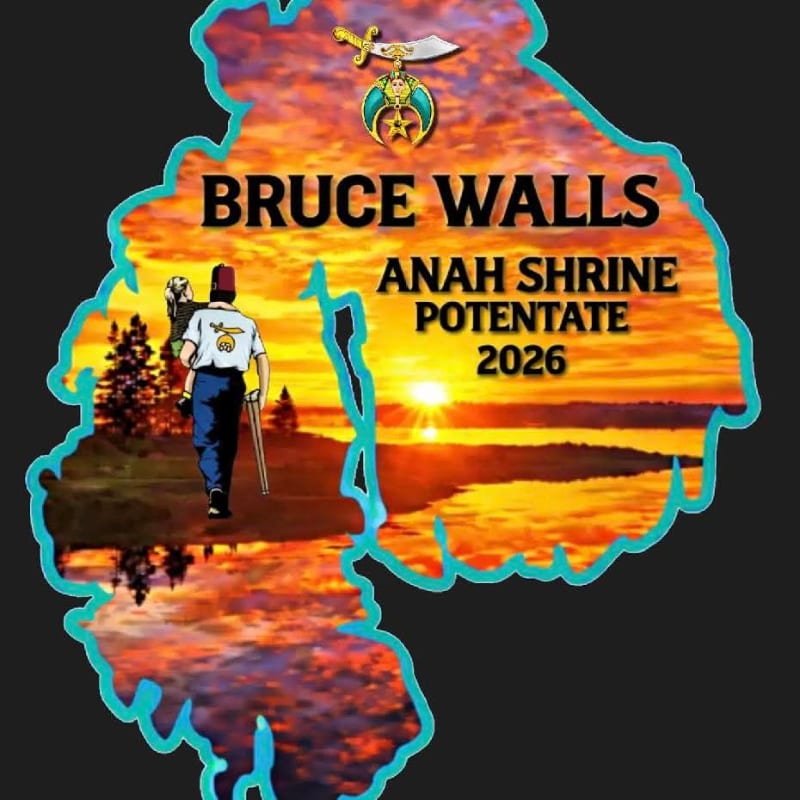 A man in a fez walks towards a sunset over a lake, with "BRUCE WALLS ANAH SHRINE POTENTATE 2026" written above him.