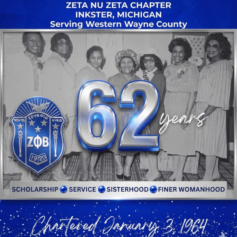 A group of seven women in formal attire stand behind a large "62 years" graphic, with a Zeta Phi Beta crest on the left and chapter details at the top and bottom.
