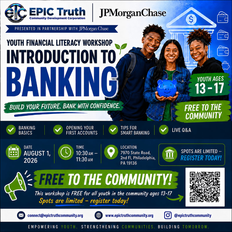 Three smiling teenagers, one holding a blue piggy bank, are featured in the foreground against a background of banking-themed graphics and event details for a youth financial literacy workshop.