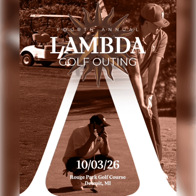 A golfer tees off in the background while another golfer crouches in the foreground, with a golf cart visible behind them.