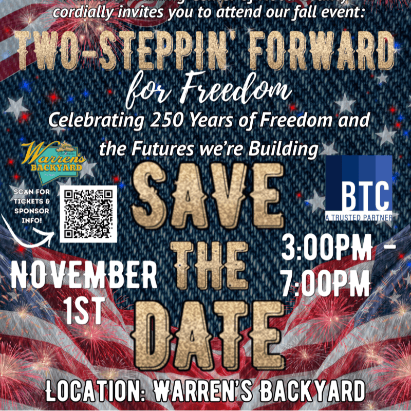 A "Save the Date" announcement for "Two-Steppin' Forward for Freedom" is displayed against a background of American flags and denim.