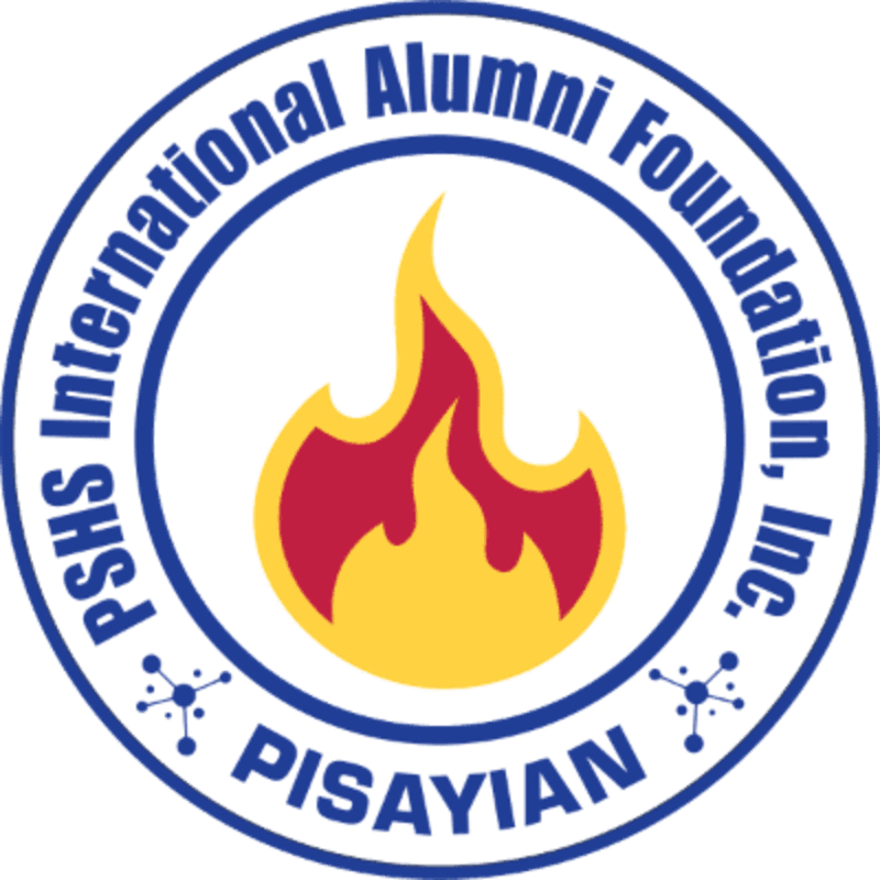 A stylized flame in red and yellow is centered within a blue and white circular logo that reads "PSHS International Alumni Foundation, Inc. PISAYIAN" and features small molecular-like graphics.