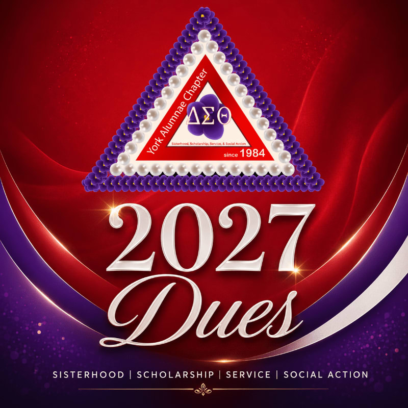 A triangular crest with the letters ΔΣΘ and "York Alumnae Chapter" is centered above the large text "2027 Dues" on a red and purple wavy background.