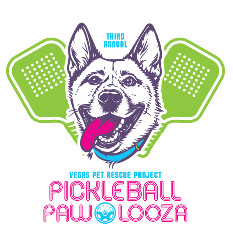 A happy dog's face with its tongue out is centered in front of two green pickleball paddles, with event details in colorful text below.