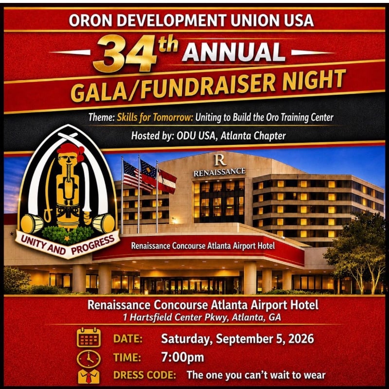 A flyer for the Oron Development Union USA's 34th Annual Gala/Fundraiser Night is displayed in front of the Renaissance Concourse Atlanta Airport Hotel.