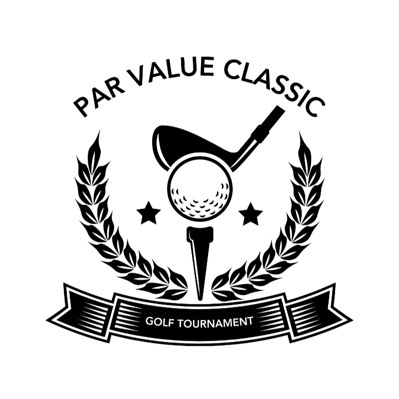 A black and white logo for a golf tournament features a golf club and ball on a tee in the foreground, surrounded by a laurel wreath and banner with text, against a plain background.