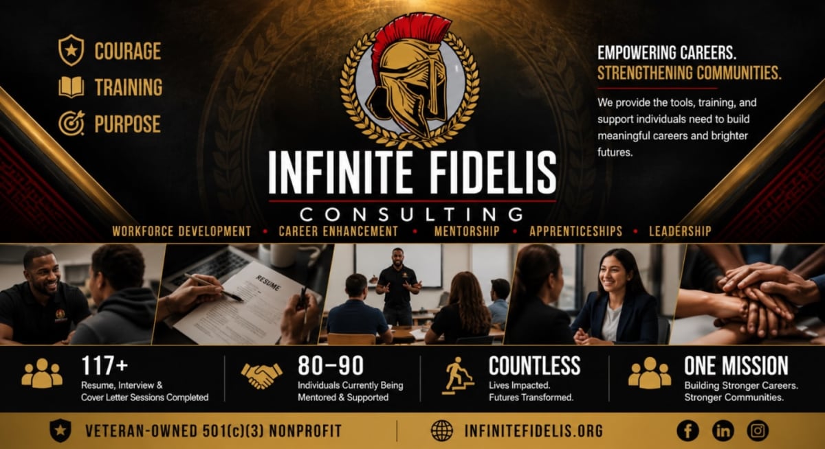 A dark, textured background with a Spartan helmet logo and text about "Infinite Fidelis Consulting" frames a collage of images showing people in professional settings, with statistics about their services at the bottom.