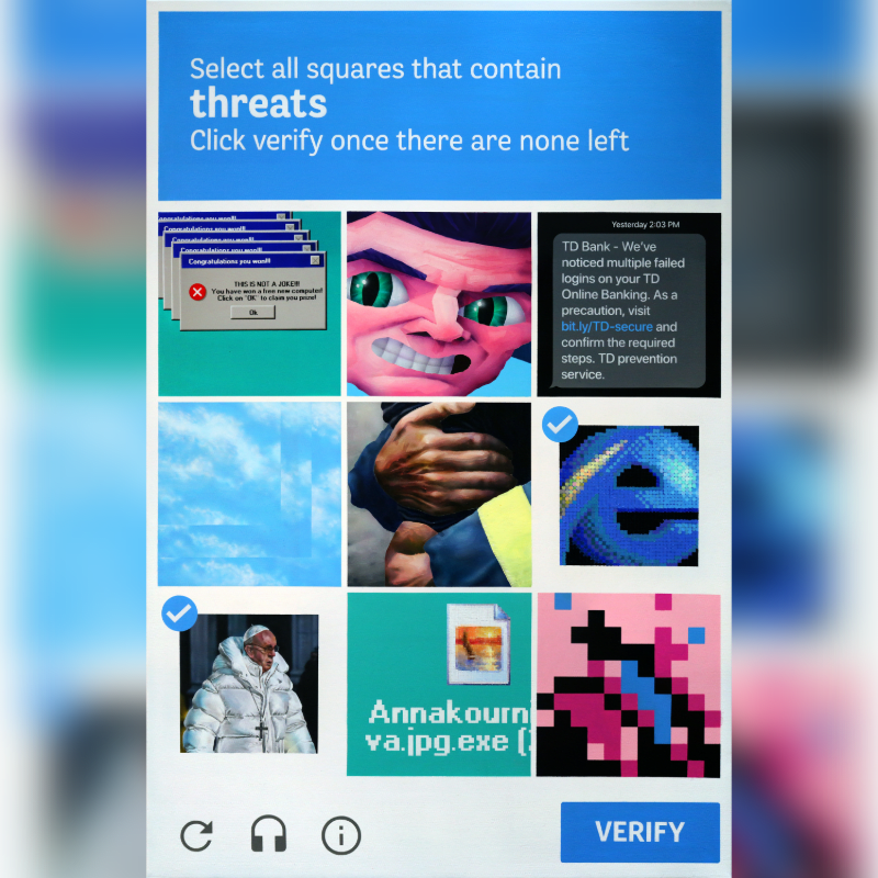 A captcha verification screen with a blue background displays a grid of nine images, some of which are checked, and a "VERIFY" button at the bottom.