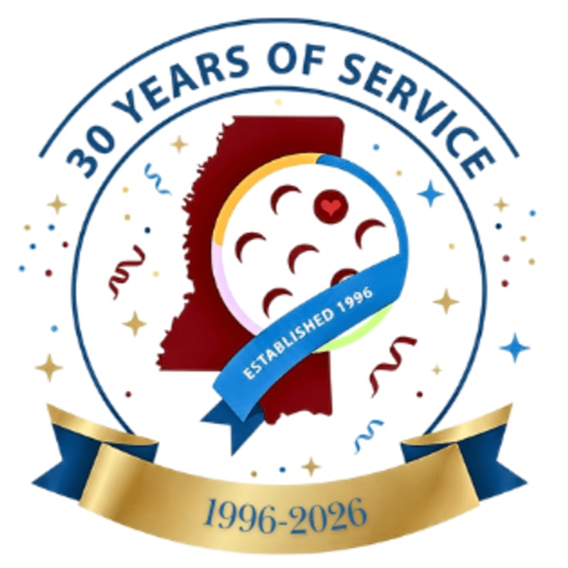 A maroon outline of Mississippi is behind a circular emblem with a ribbon that reads "Established 1996," all within a larger circle proclaiming "30 Years of Service" and adorned with confetti and stars.