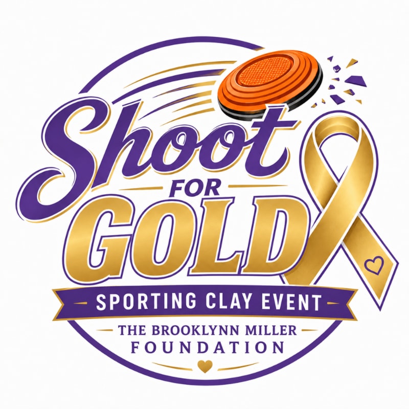 A clay pigeon flies through the air above the words "Shoot for Gold" in purple and gold lettering, with a gold ribbon and the text "Sporting Clay Event - The Brooklynn Miller Foundation" in the background.
