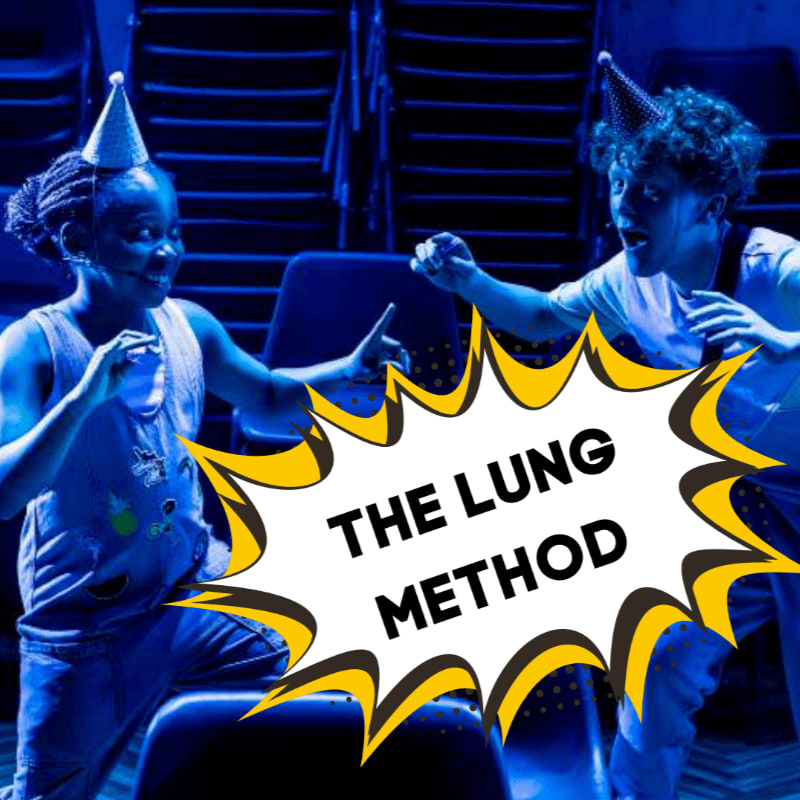 Two children in party hats, one with braids and overalls, the other with messy hair and clown-like makeup, are on a stage with rows of blue chairs in the background, framed by a comic book-style speech bubble that reads "THE LUNG METHOD."