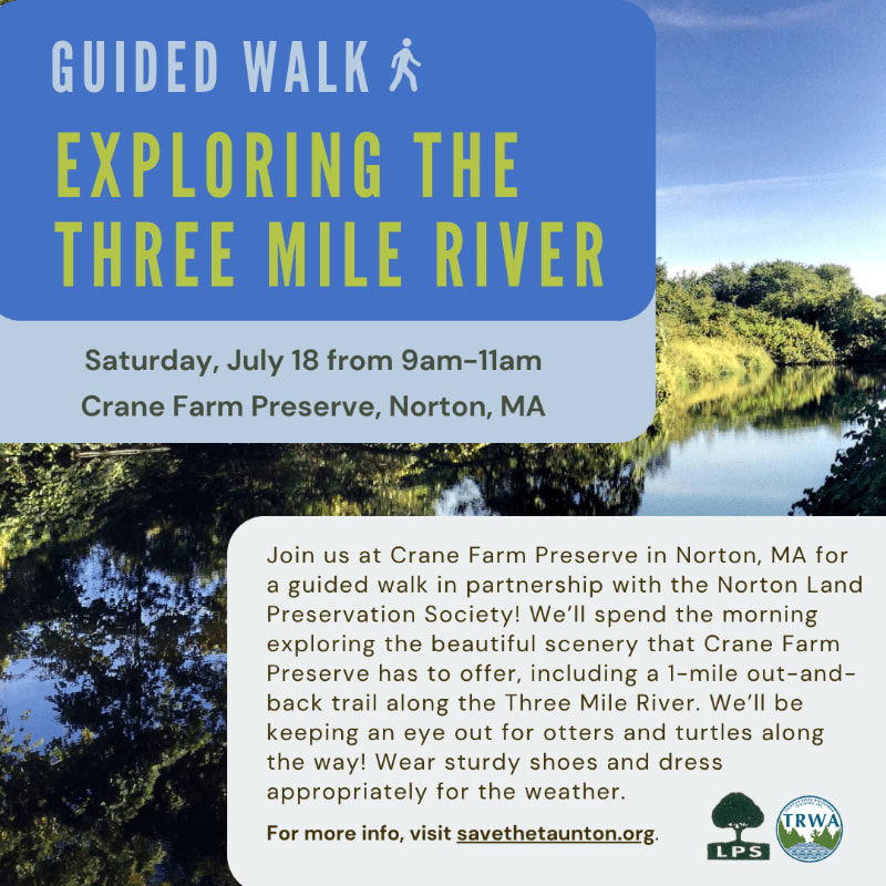 A blue banner with text about a guided walk overlays a scenic background of a river winding through lush greenery under a clear sky.