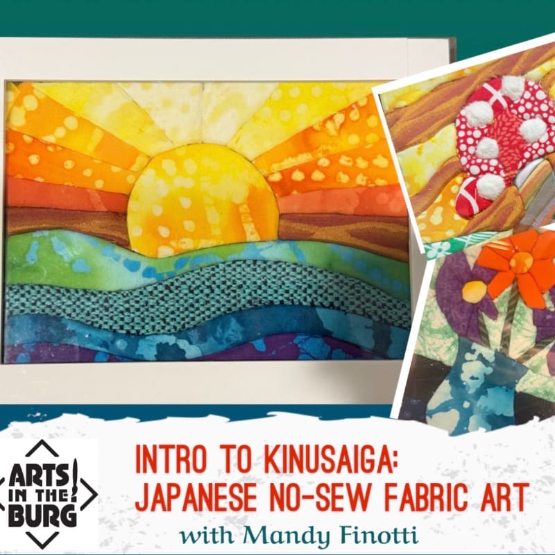 A framed fabric art piece of a sunset over water is in the foreground, with two smaller fabric art pieces of a mushroom and flowers in the background, all overlaid with text about a "Kinusaiga" art class.