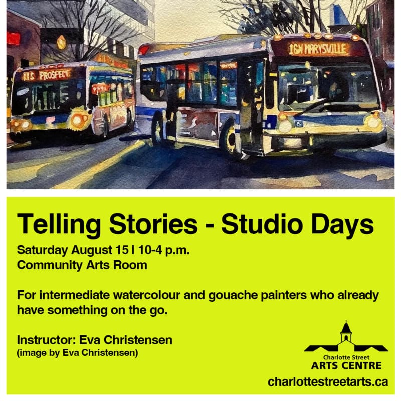 Two buses are parked on a street in the foreground, with a yellow banner advertising "Telling Stories - Studio Days" below.