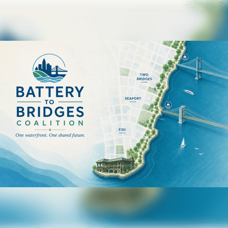 A stylized map shows the Battery to Bridges Coalition logo in the foreground, with a waterfront promenade, two bridges, and a city skyline in the background.