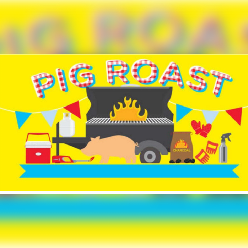 A cartoon pig sits beside a grill with charcoal and grilling tools in the foreground, under a "PIG ROAST" banner and festive bunting against a bright yellow background.