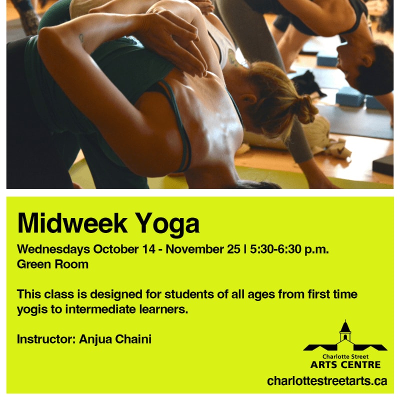 In the foreground, people are practicing yoga poses on mats, while the background displays text advertising a "Midweek Yoga" class.