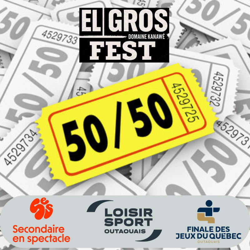 A bright yellow 50/50 raffle ticket is in the foreground, with a pile of similar tickets and the "EL GROS FEST" logo in the background.