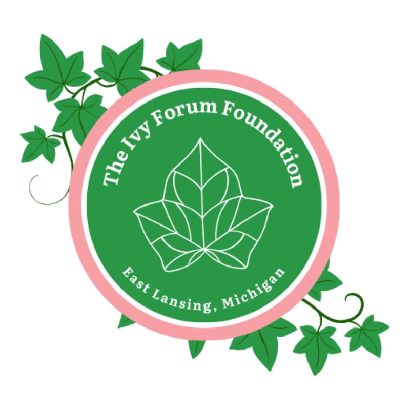 Green ivy vines frame a circular logo with "The Ivy Forum Foundation" and "East Lansing, Michigan" surrounding an ivy leaf design.