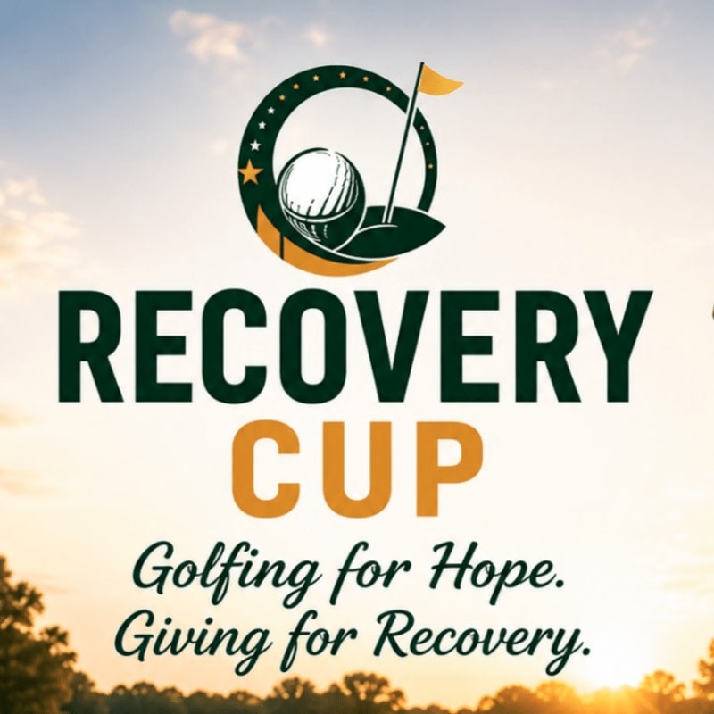 A golf-themed logo for "Recovery Cup" with the tagline "Golfing for Hope. Giving for Recovery." is set against a warm, sunlit sky with trees in the background.