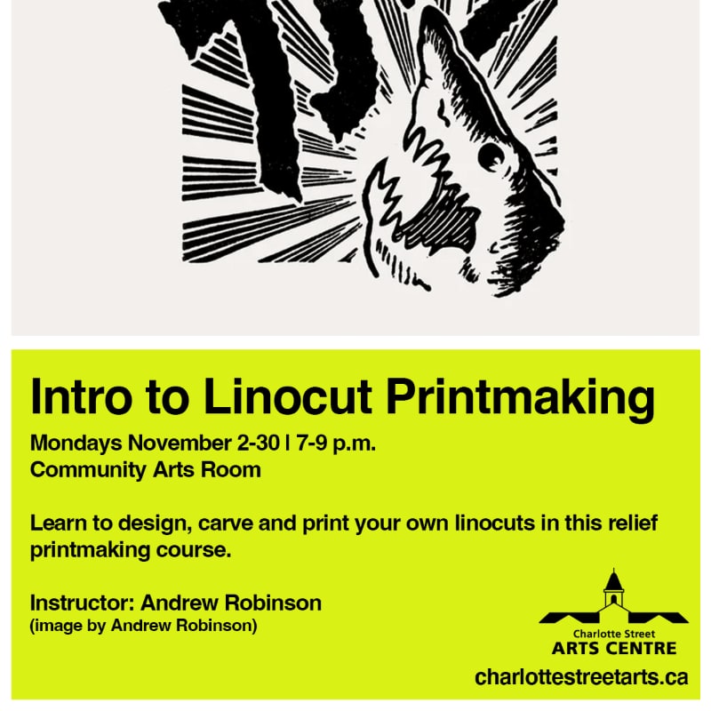 A black and white linocut of a shark's head is at the top, with a bright yellow poster advertising a linocut printmaking class below.