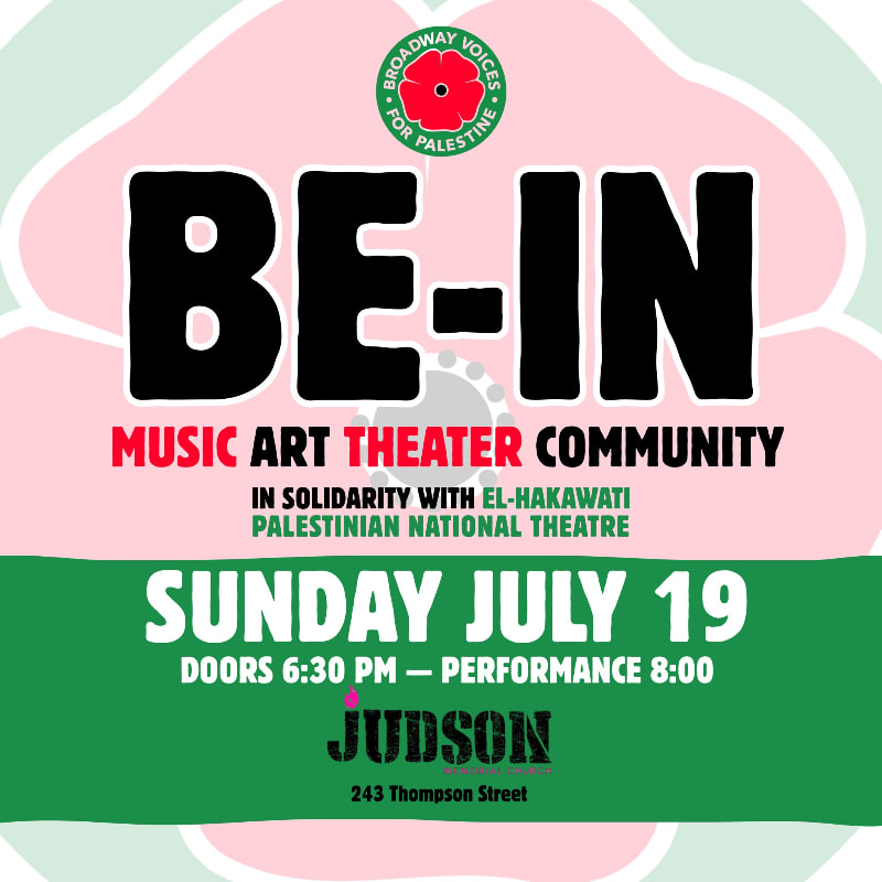 A poster for a "BE-IN" event for music, art, theater, and community in solidarity with the Palestinian National Theatre is displayed against a soft pink floral background.