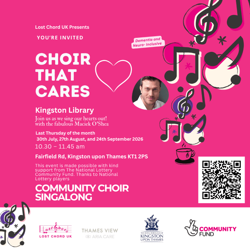 A vibrant pink poster advertises a "Choir That Cares" singalong at Kingston Library, featuring musical notes and a QR code in the background.