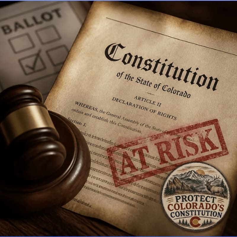 A gavel rests on a ballot in the foreground, while a stamped copy of the Colorado Constitution, marked "AT RISK," is in the background.