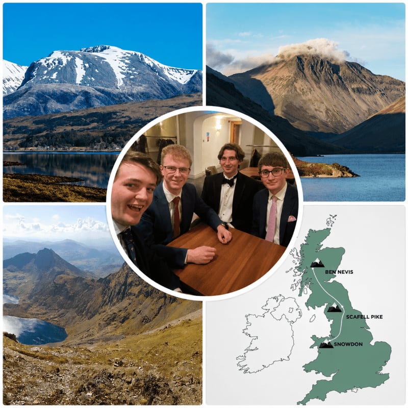 Four young men in formal attire are seated at a table in the center, surrounded by a collage of mountainous landscapes and a map of the United Kingdom highlighting hiking routes.