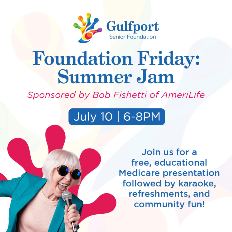 A vibrant graphic advertises "Foundation Friday: Summer Jam" with a woman singing into a microphone in the foreground and colorful abstract shapes in the background.