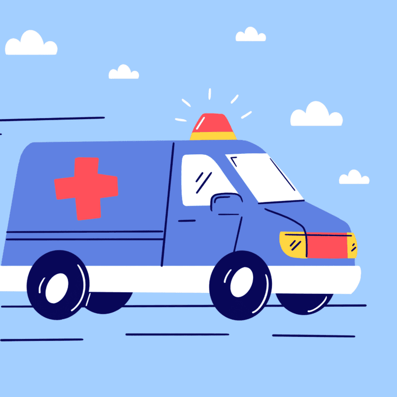A blue ambulance with a red cross speeds across a light blue sky with white clouds.