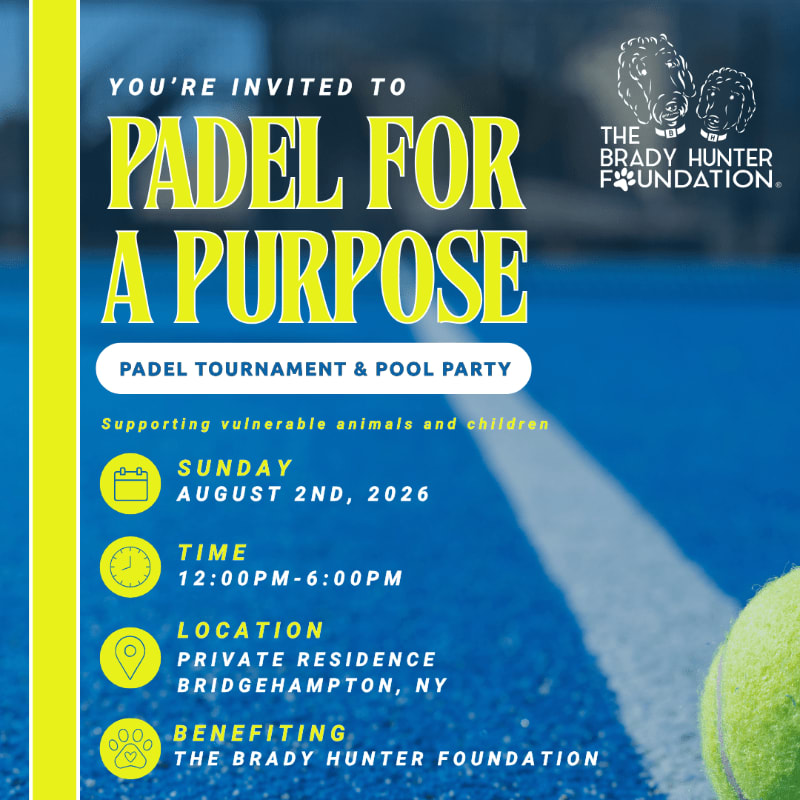 A bright yellow and blue invitation for a "Padel for a Purpose" tournament and pool party is displayed against a blurred background of a blue padel court with a tennis ball in the foreground.