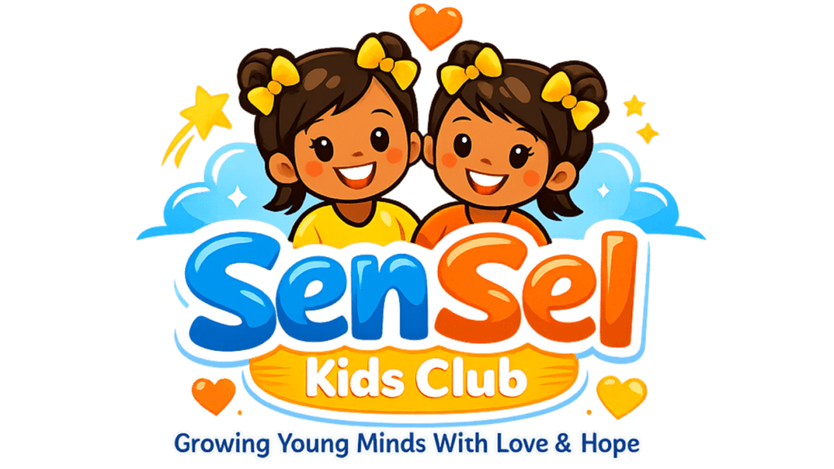 Two smiling cartoon girls with yellow bows in their hair are featured in the foreground, with the "SenSel Kids Club" logo and a tagline about growing young minds in the background.