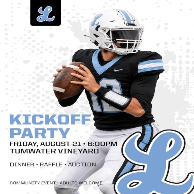 A football player in uniform holds a ball in the foreground, with event details and a large "L" logo in the background.