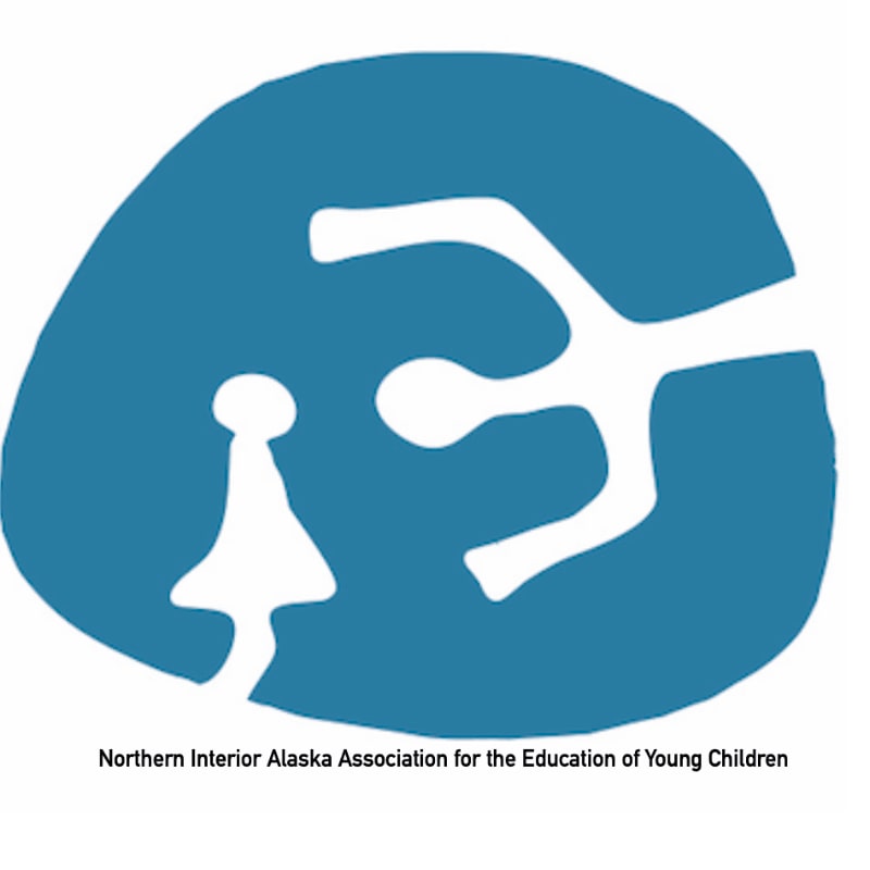 A white silhouette of a child and an adult are depicted within a blue, abstract shape, with the text "Northern Interior Alaska Association for the Education of Young Children" below.
