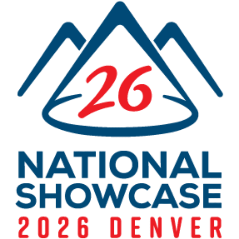 A logo featuring a stylized mountain range in the background with the number "26" prominently displayed in red within a white oval, and the words "NATIONAL SHOWCASE 2026 DENVER" in bold blue and red text in the foreground.