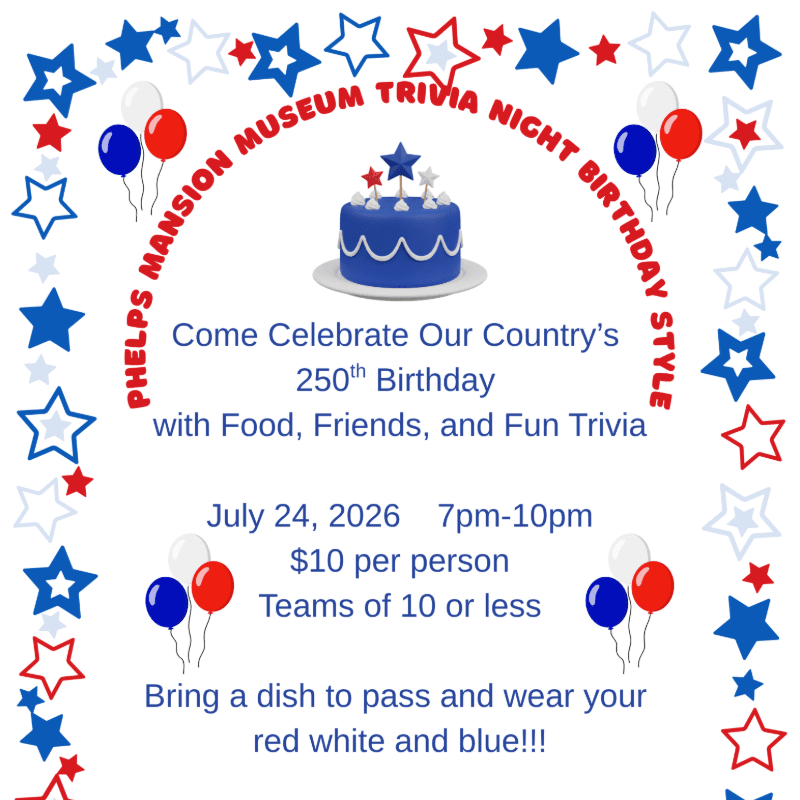 A patriotic-themed invitation for a museum trivia night celebrating the country's 250th birthday is framed by red, white, and blue stars and balloons, with a cake at the top and event details below.