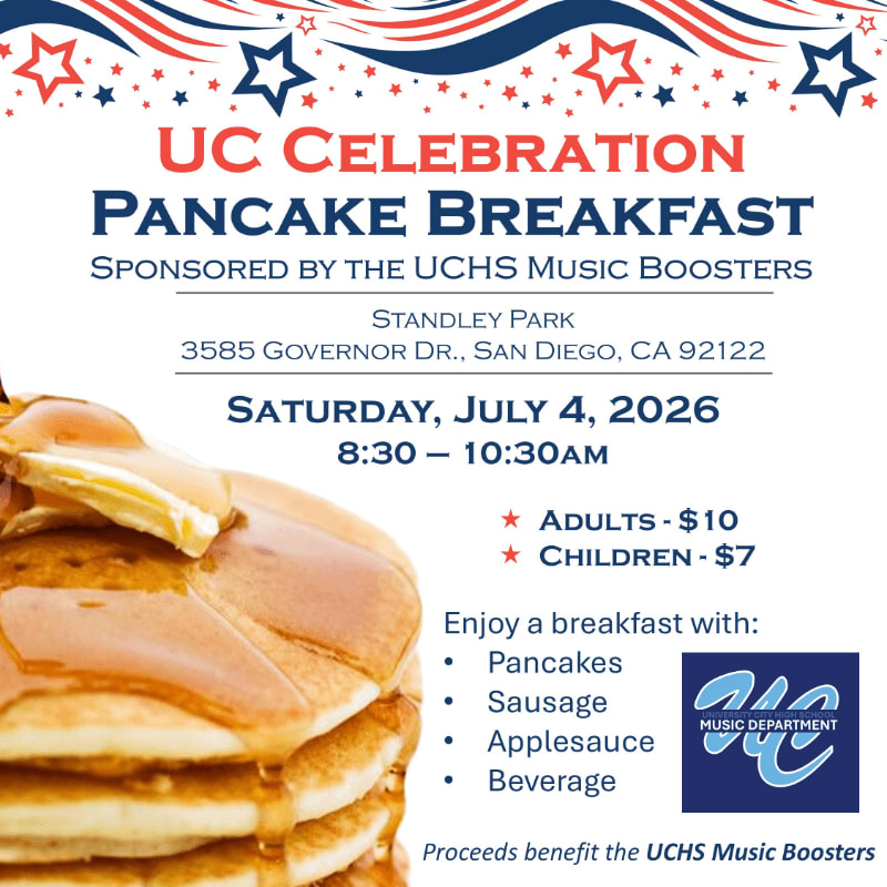 A stack of syrup-drenched pancakes fills the foreground, while the background displays event details for a UC Celebration Pancake Breakfast on July 4th, 2026, with patriotic decorations above.