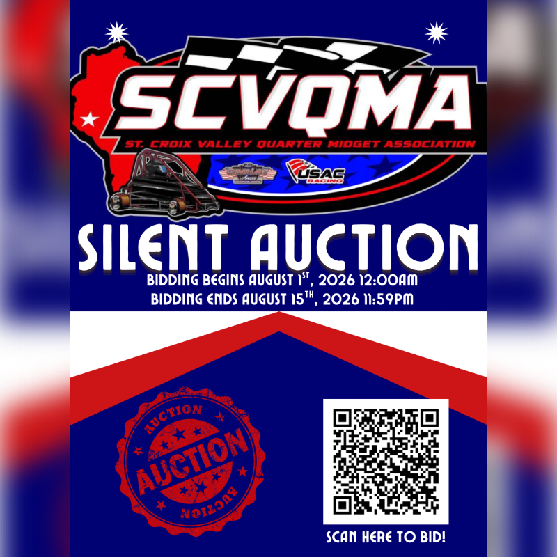 A flyer for a silent auction hosted by SCVOMA, featuring a go-kart in the foreground and event details in the background.
