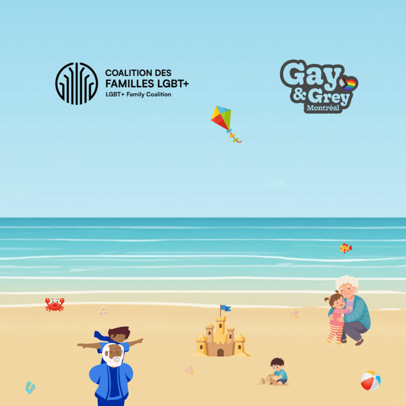 A colorful kite flies in the sky above a beach scene with a sandcastle, people, and a crab in the foreground, and a calm ocean and horizon in the background.