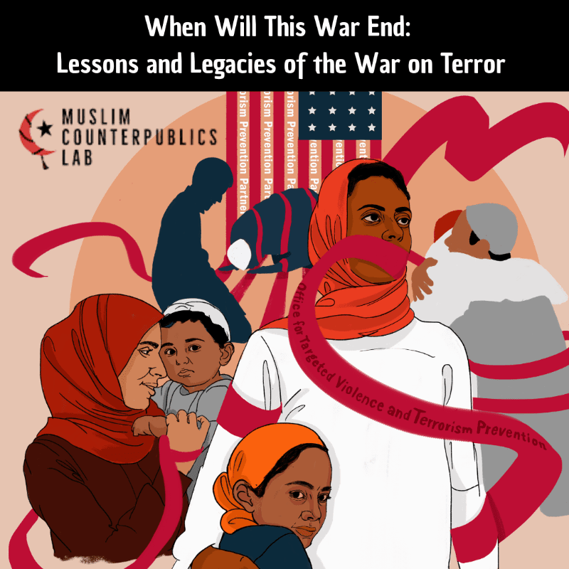 A group of diverse individuals, including women and children, are depicted in the foreground, some with their mouths covered by red ribbons, while the background features a stylized American flag and text related to the "War on Terror."
