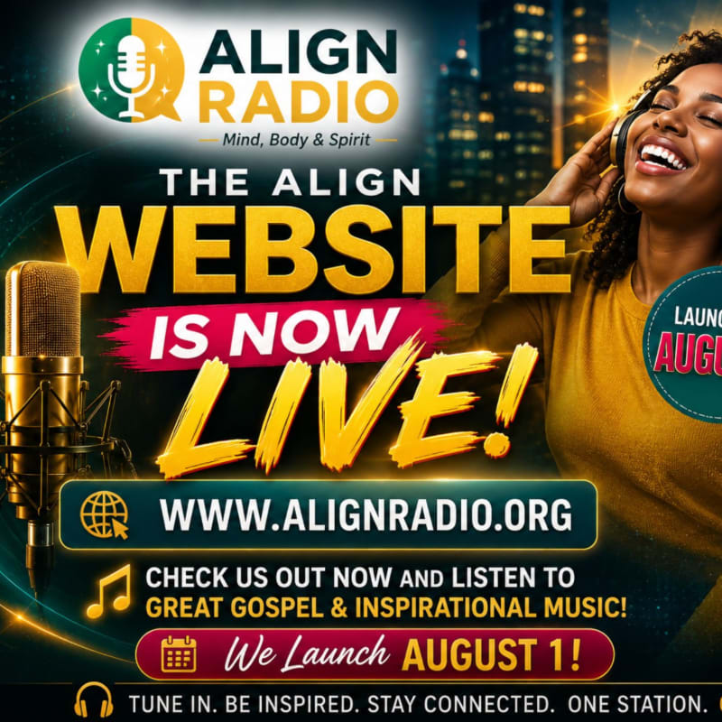 A smiling woman with headphones on listens to music in the foreground, while the background features a microphone and text announcing the launch of the Align Radio website.
