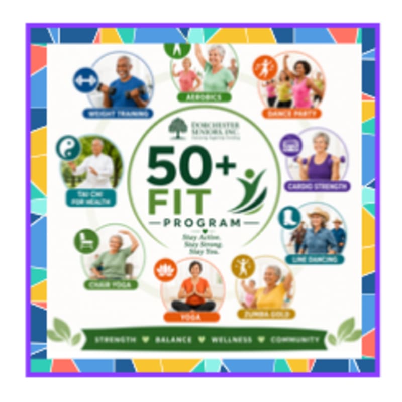 A colorful border frames a central graphic promoting a "50+ Fit Program" with various senior fitness activities, including weight training, aerobics, dance, cardio, line dancing, yoga, and chair yoga, all set against a white background.