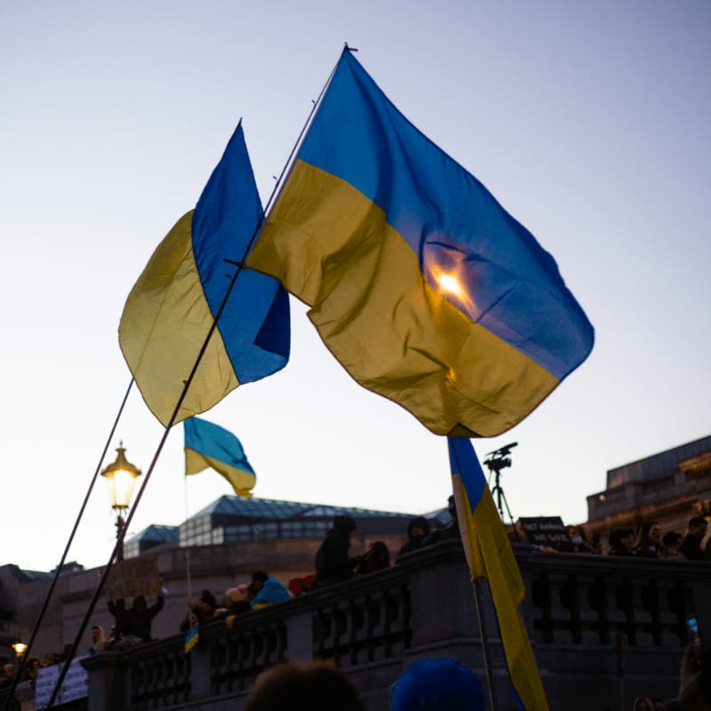 a group of people holding flags in front of a building