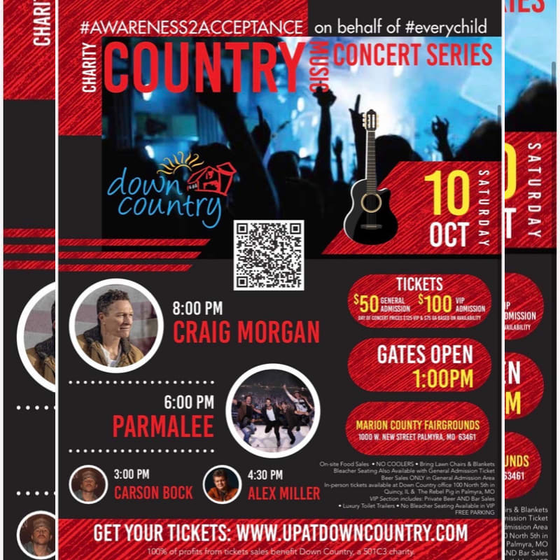 A concert poster advertises the "Down Country Music Concert Series" featuring Craig Morgan, Parmalee, Carson Bock, and Alex Miller, with a background of a cheering crowd and a guitar.
