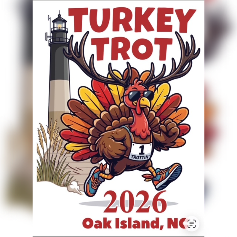 A cartoon turkey with antlers and sunglasses runs in the foreground, while a lighthouse stands tall in the background.