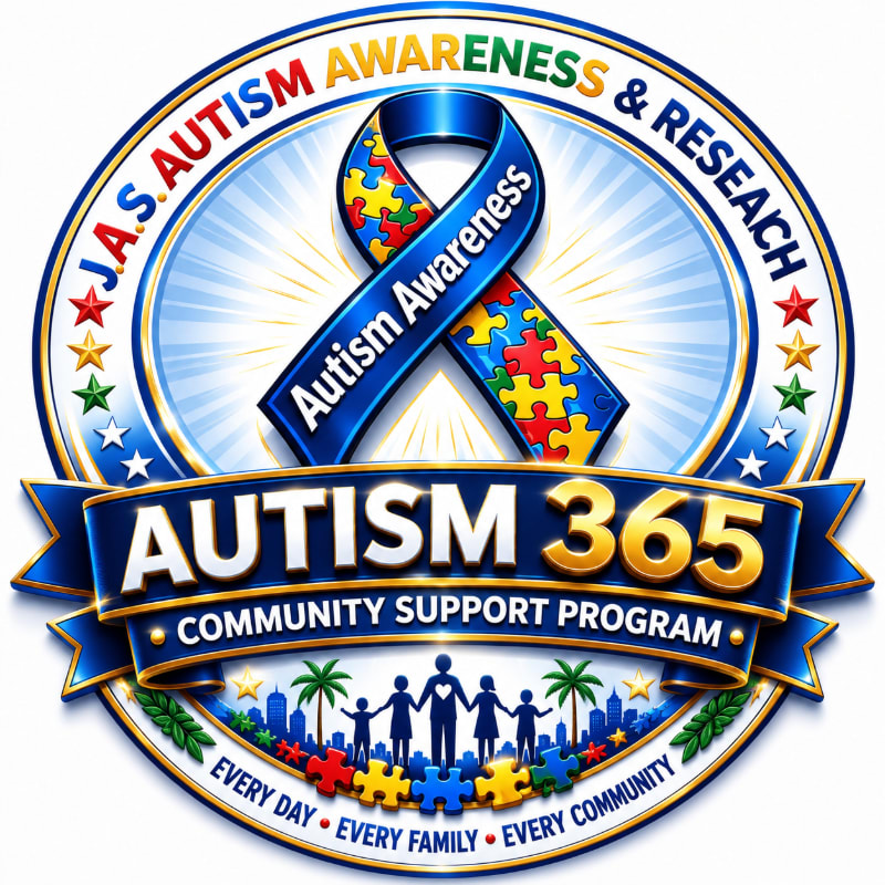 A blue ribbon with puzzle pieces representing autism awareness is centered on a circular emblem with stars and text, while a silhouette of a family stands before a cityscape in the foreground.
