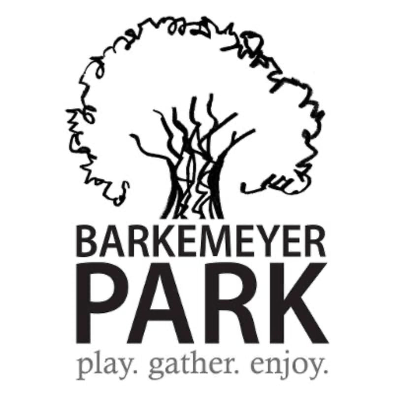 A stylized tree with the words "BARKEMEYER PARK" and "play. gather. enjoy." below it are presented in black and white.