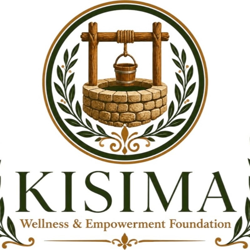 A stone well with a bucket hangs from a wooden frame in the foreground, set within a circular emblem of olive branches, above the text "KISIMA Wellness & Empowerment Foundation" in the background.
