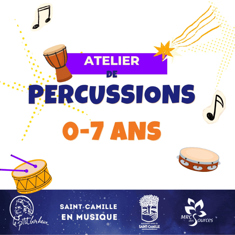 Drums and musical notes are scattered around the text "ATELIER DE PERCUSSIONS 0-7 ANS" with a starry background.